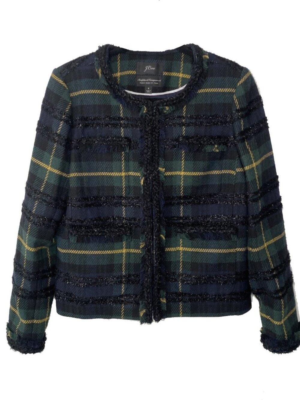 J. Crew Black Watch Tartan Plaid Jacket Lurex Trim Women's 8 NWT - Picture 6 of 13